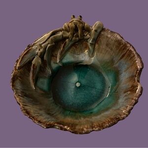 Vtg Ceramic Dish w/Frog Sculpture /Teal-green Glaze; Dish Garden; Art Pottery